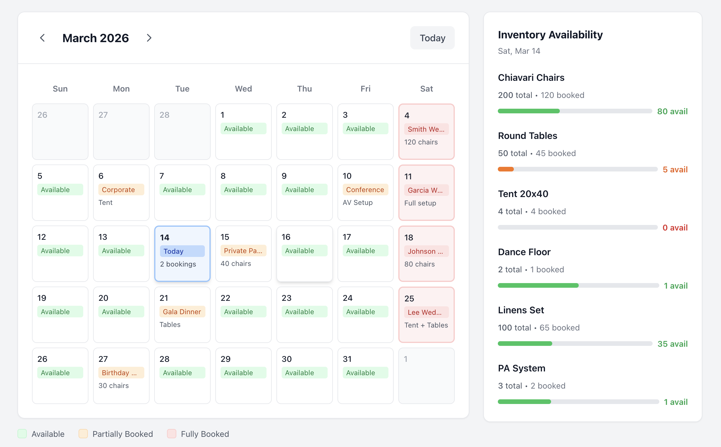 Track.rent Availability Calendar - See real-time availability for chairs, tables, tents and all event rental equipment