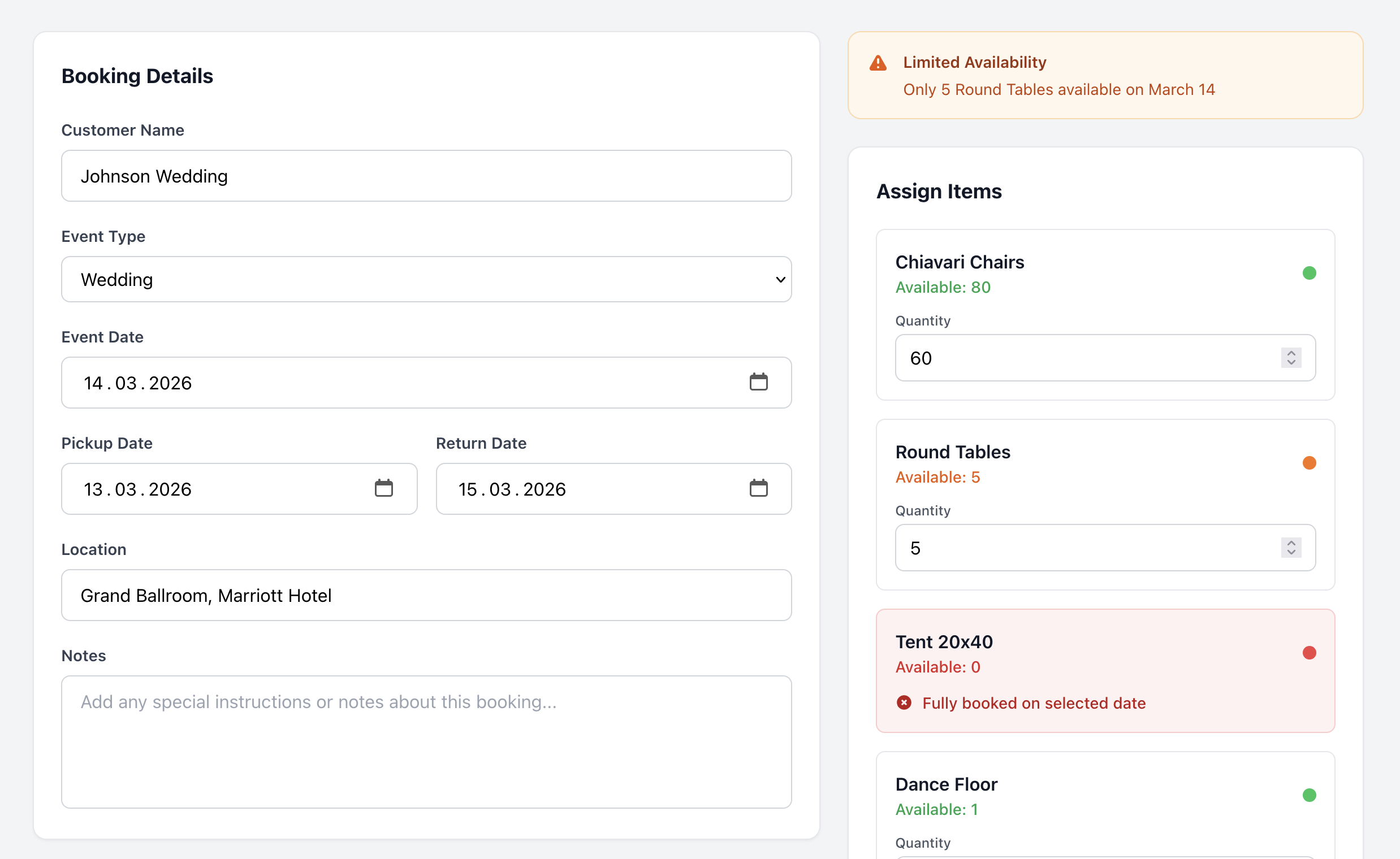 Track.rent Create Booking - Easily create wedding and event bookings and assign rental items like chairs, tables, and tents